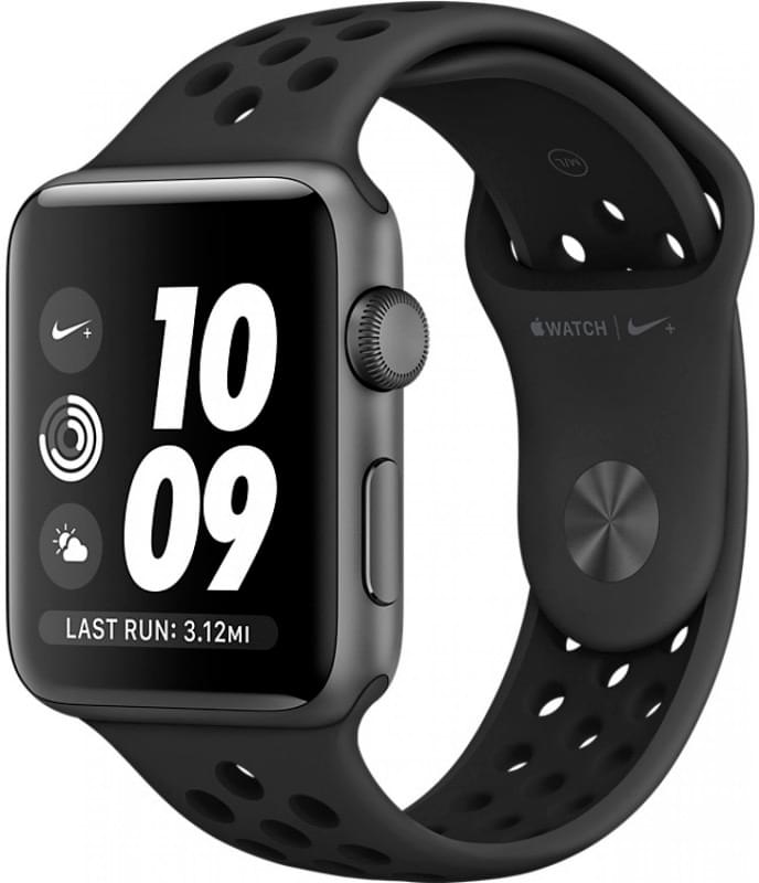 Apple Watch Nike+, корпус 42 мм из алюминия цвета «серый космос», спортивный ремешок Nike цвета «антрацитовый+чёрный»