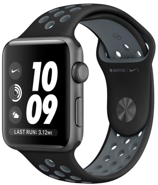 Apple Watch Nike+, корпус 38 мм из алюминия цвета «серый космос», спортивный ремешок Nike цвета «чёрный+холодный серый»