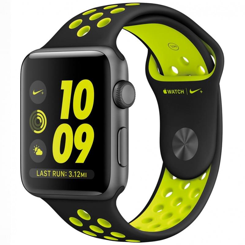 Apple Watch Nike+, корпус 42 мм из алюминия цвета «серый космос», спортивный ремешок Nike цвета «чёрный+салатовый»