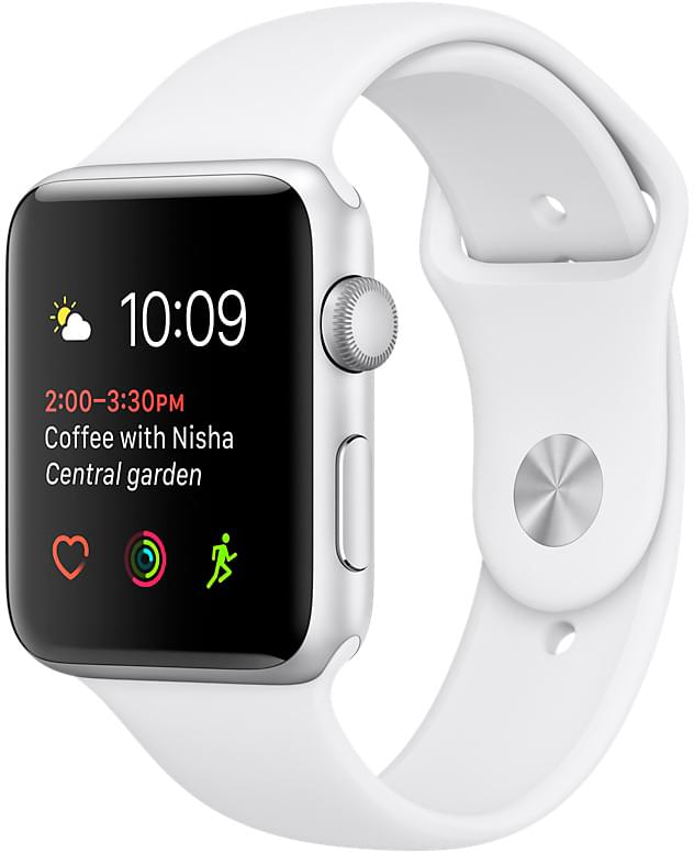 Apple Watch Series 2, корпус 42 мм из серебристого алюминия, белый спортивный ремешок